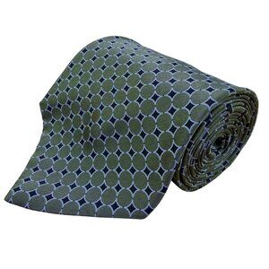Lord & Taylor Mens Green Silk Geometric Print Necktie 100% Silk Made In USA